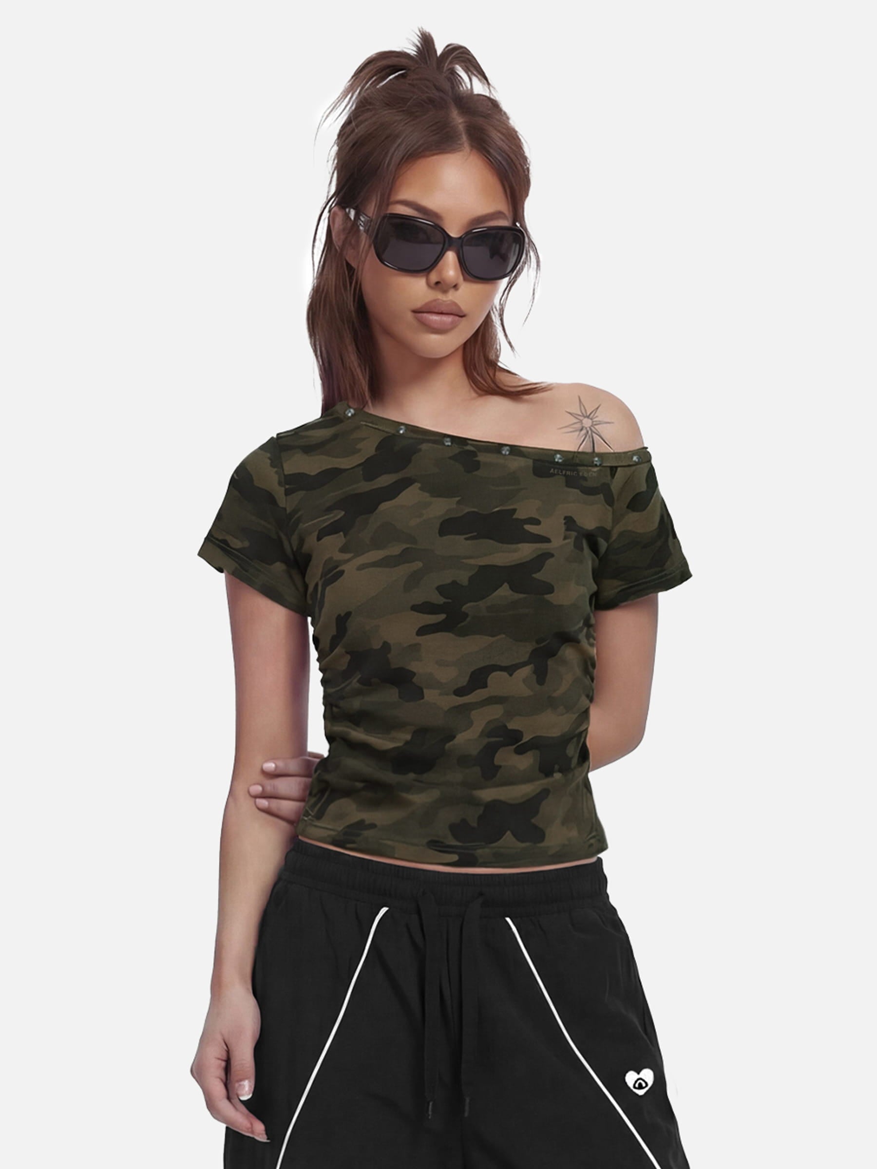 Aelfric Eden Camo Off-The-Shoulder Baby Tee